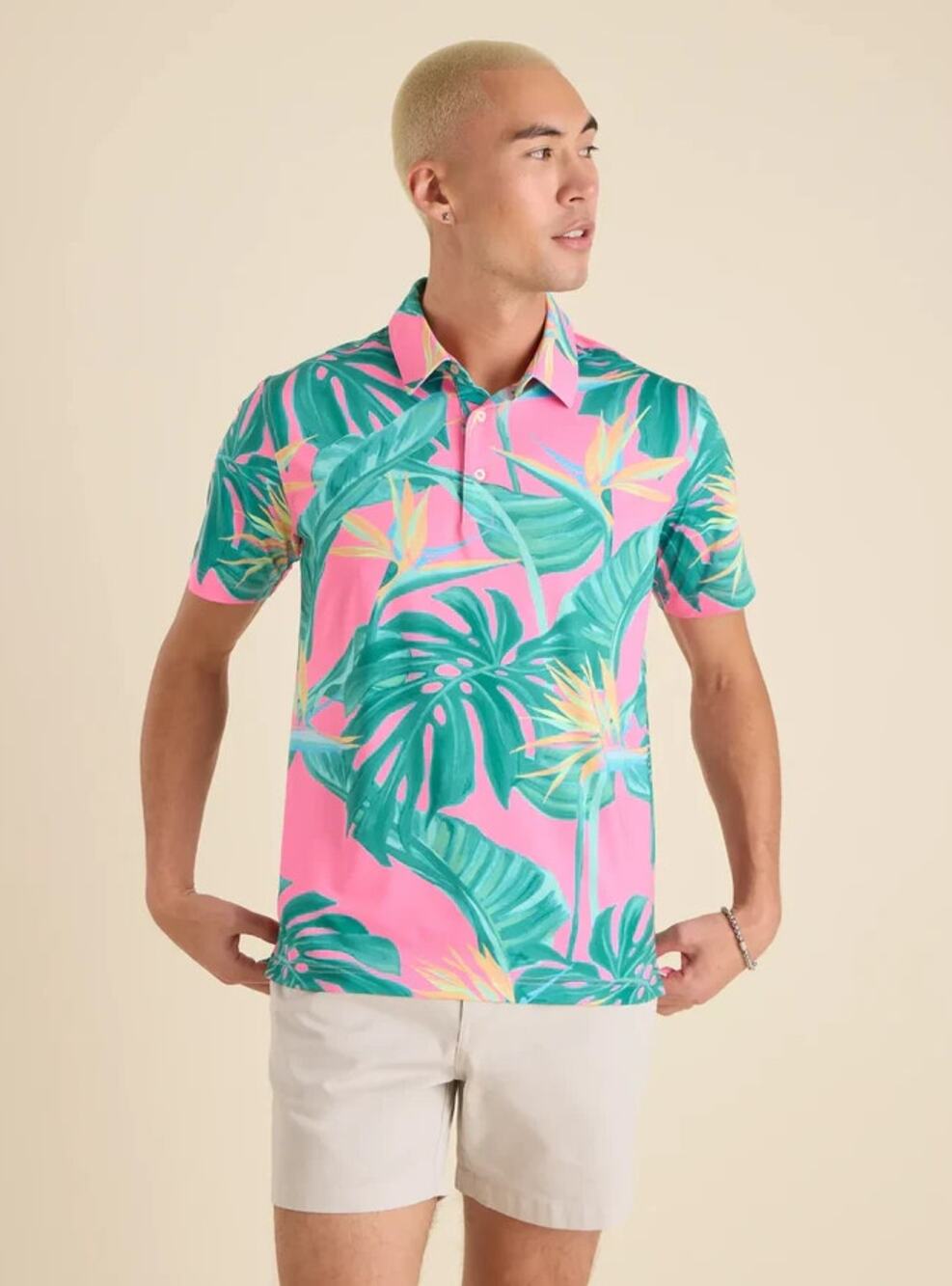 CHUBBIES Mens Birds of Paradise Performance Polo Small Pink Short Sleeve NWT